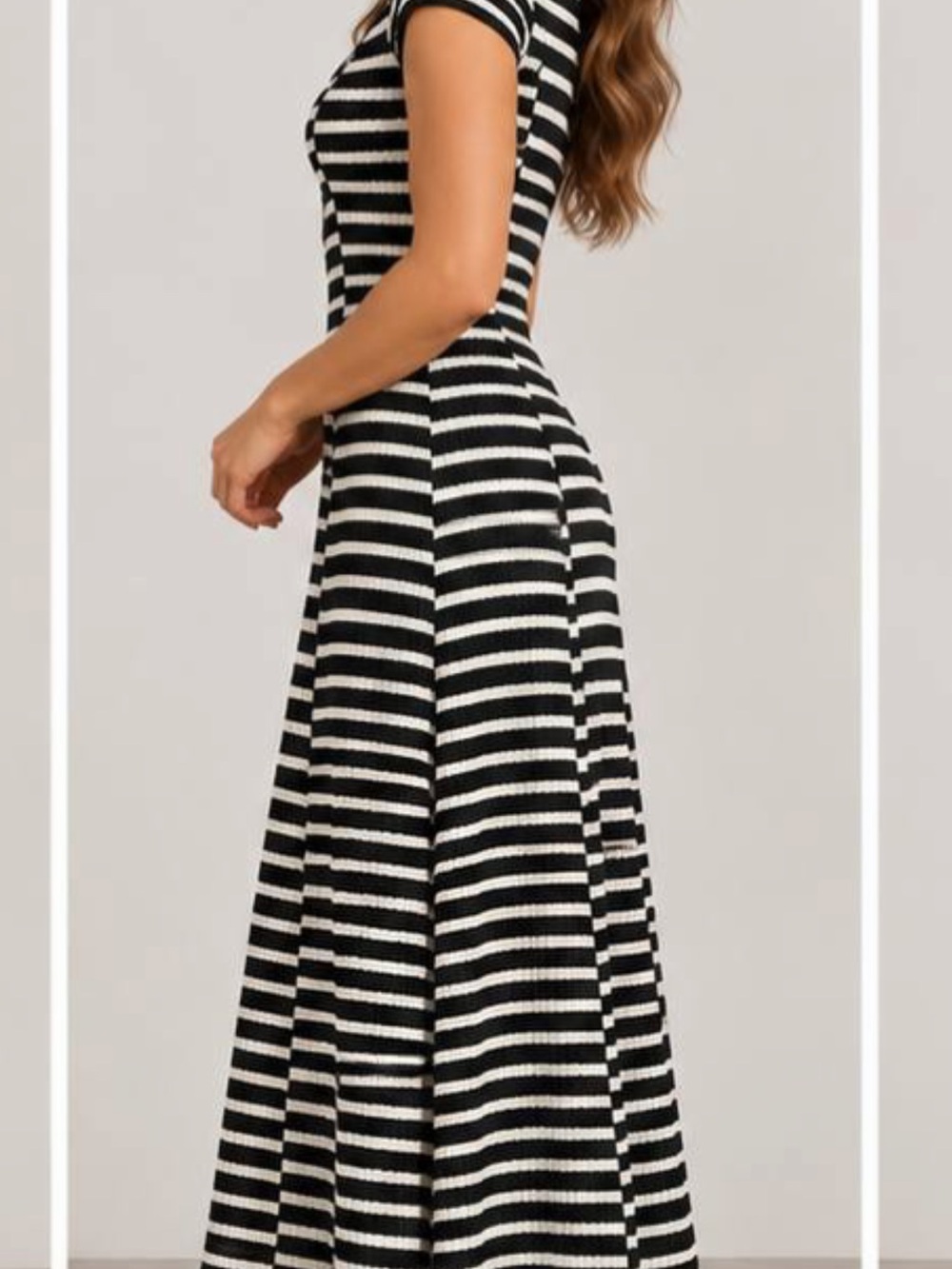 Woman Timing Black and White Striped Short Sleeve Maxi Dress Stretchy